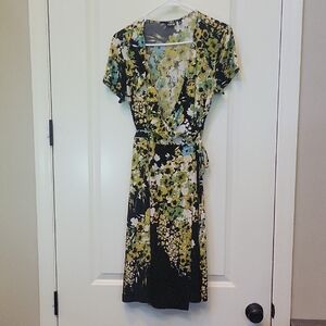 APT 9 Retro '70s Floral Black Green Wrap Dress Size Medium